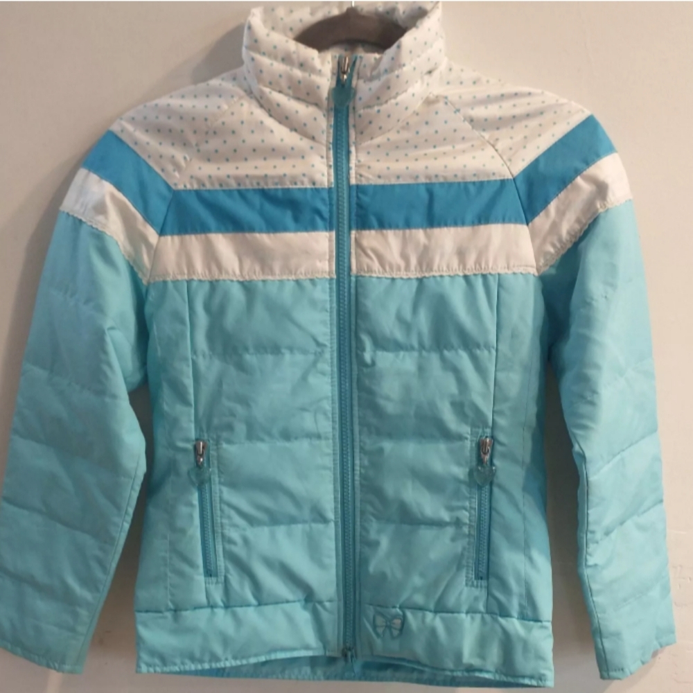 Light Blue Mezzo Piano Down Coat, Size 130cm Hearts Zipper, Polka Dots